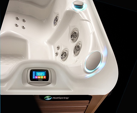 a close-up image of the Jetsetter hot tub wireless remote control that controls lighting water features and hot tub jet function
